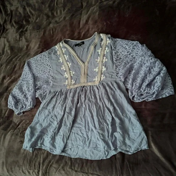 Suzanne Betro Boho Embroidered Lace Sleeve Swiss Dot Peplum Cottagecore Peasant - Picture 5 of 5